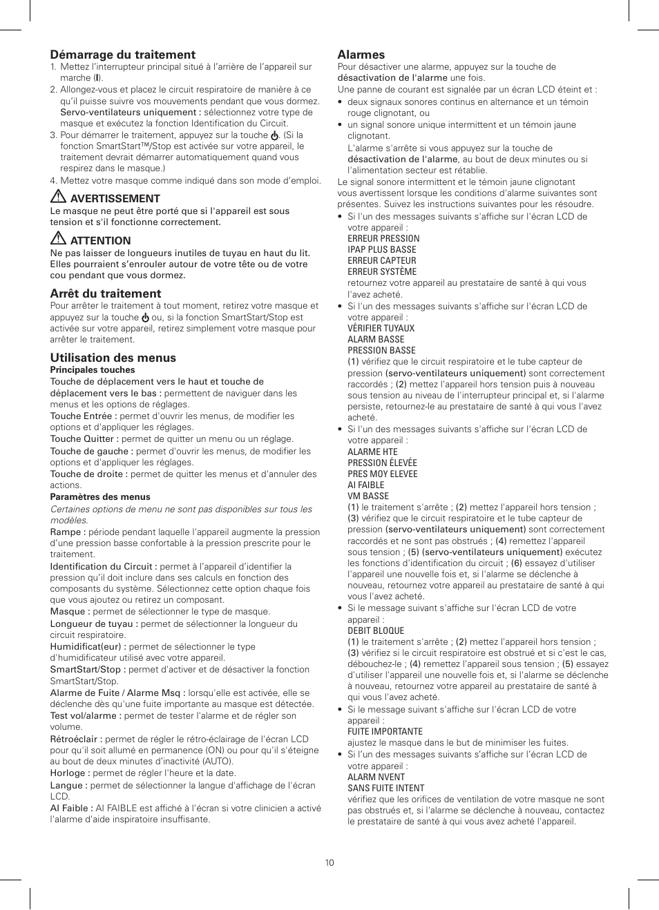 Démarrage du traitement, Arrêt du traitement, Utilisation des menus | Alarmes | ResMed VPAP III ST-A User Manual | Page 10 / 56