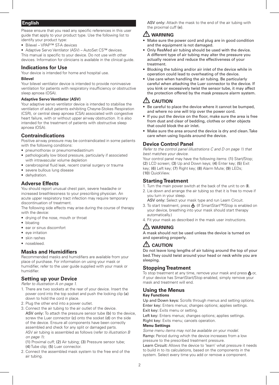 Indications for use, Contraindications, Adverse effects | Masks and humidifiers, Setting up your device, Device control panel, Starting treatment, Stopping treatment, Using the menus | ResMed VPAP III ST-A User Manual | Page 2 / 56