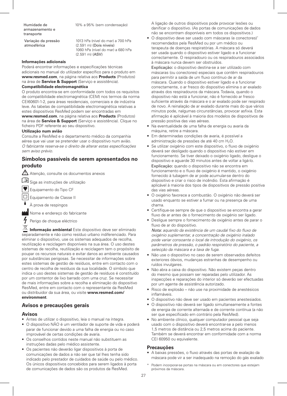 Avisos e precauções gerais | ResMed VPAP III ST-A User Manual | Page 27 / 56