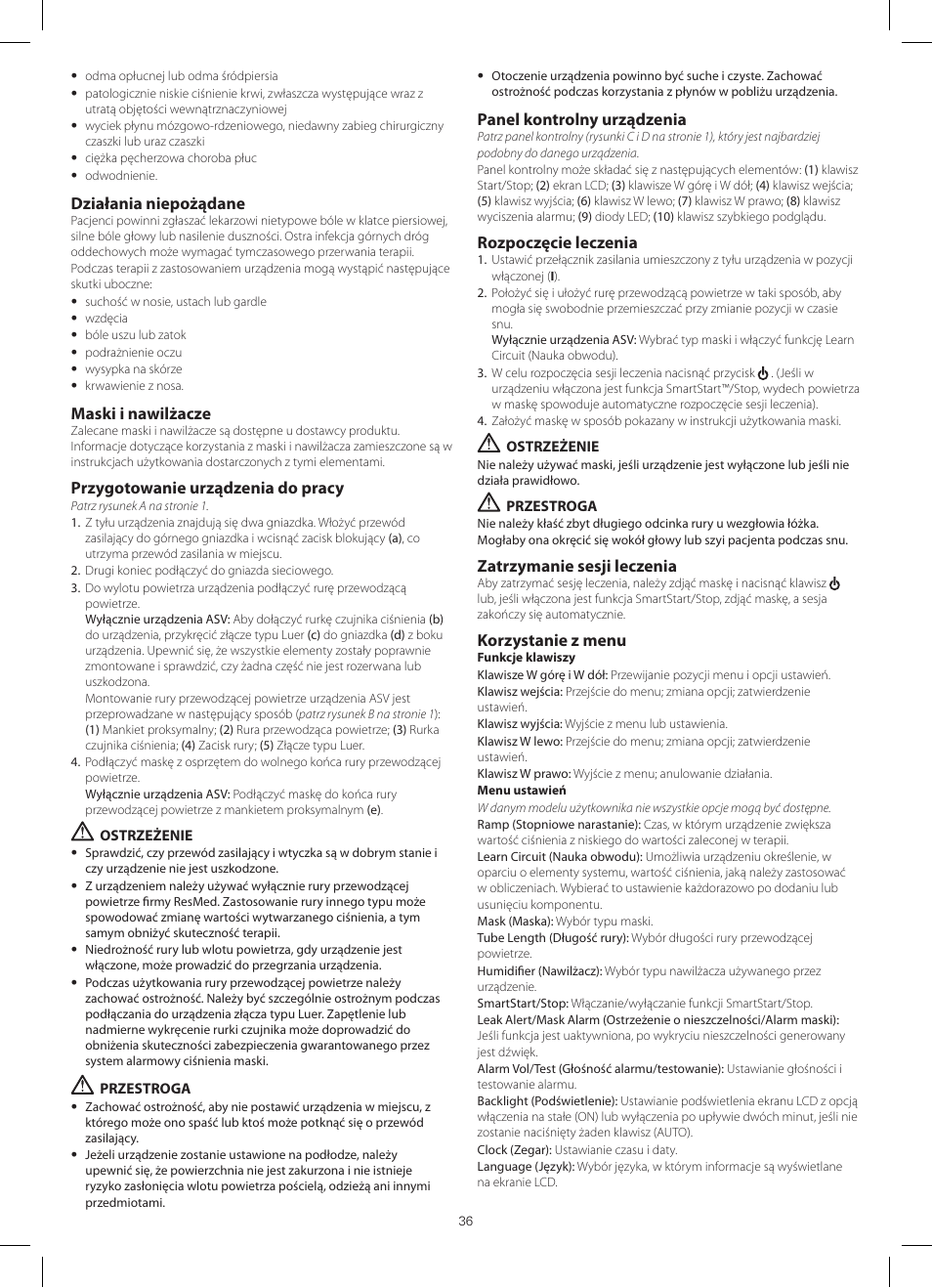 Działania niepożądane, Maski i nawilżacze, Przygotowanie urządzenia do pracy | Panel kontrolny urządzenia, Rozpoczęcie leczenia, Zatrzymanie sesji leczenia, Korzystanie z menu | ResMed VPAP III ST-A User Manual | Page 36 / 56