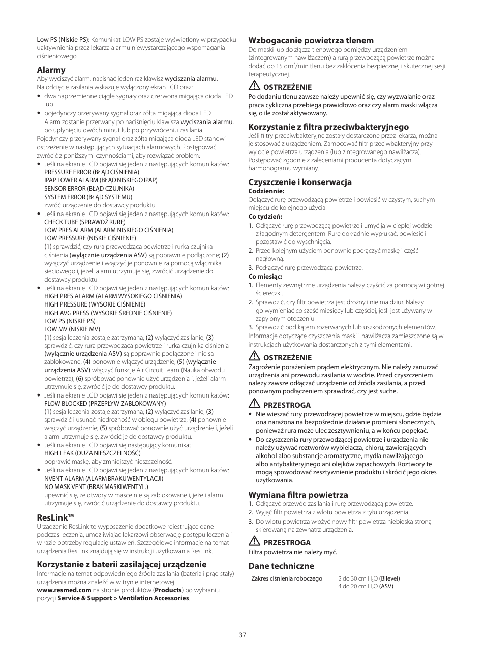 Alarmy, Reslink, Korzystanie z baterii zasilającej urządzenie | Wzbogacanie powietrza tlenem, Korzystanie z filtra przeciwbakteryjnego, Czyszczenie i konserwacja, Wymiana filtra powietrza, Dane techniczne | ResMed VPAP III ST-A User Manual | Page 37 / 56