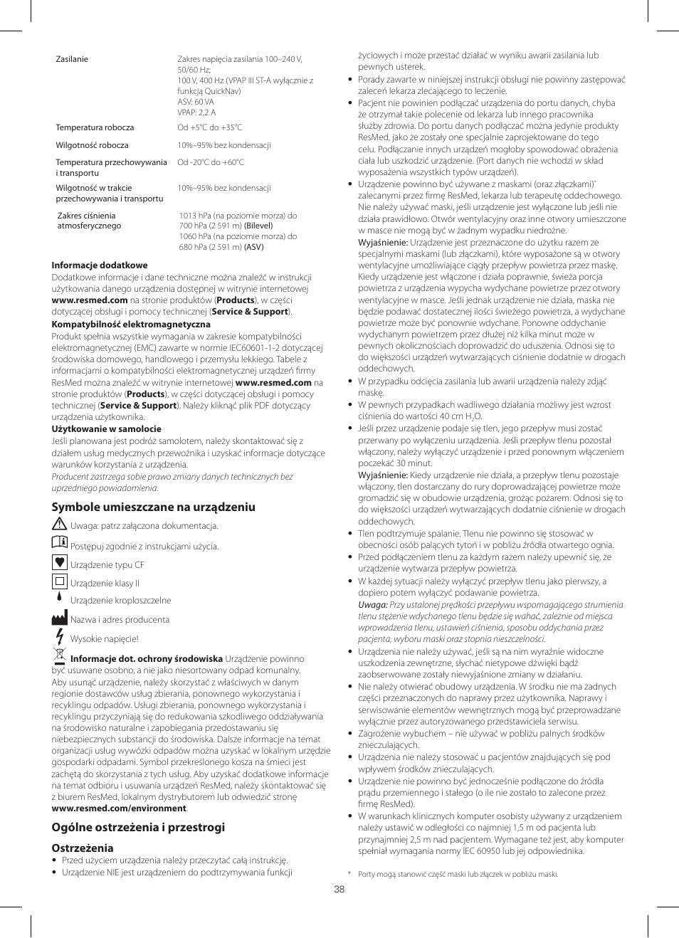 Symbole umieszczane na urządzeniu, Ogólne ostrzeżenia i przestrogi | ResMed VPAP III ST-A User Manual | Page 38 / 56