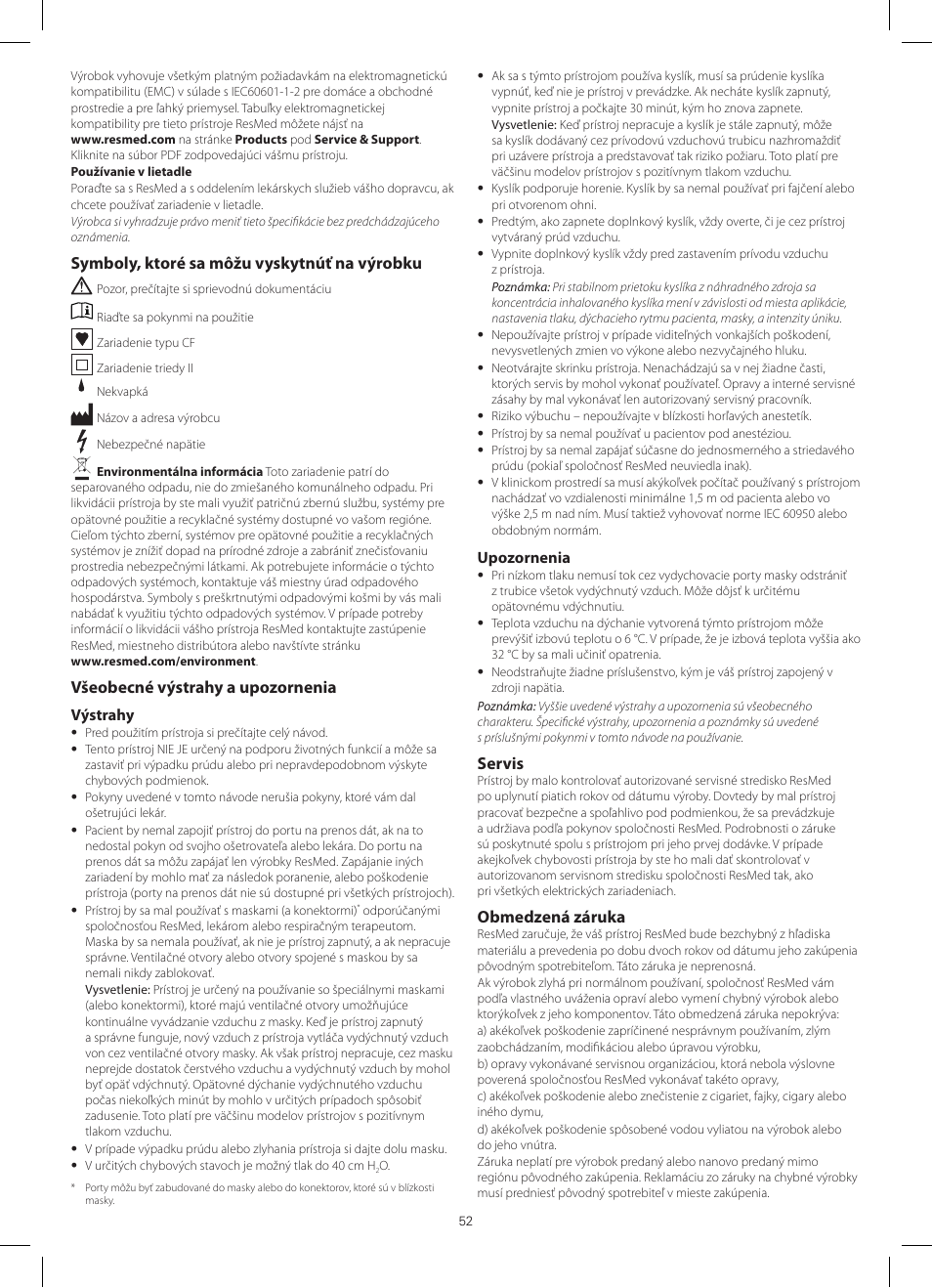Symboly, ktoré sa môžu vyskytnúť na výrobku, Všeobecné výstrahy a upozornenia, Servis | Obmedzená záruka | ResMed VPAP III ST-A User Manual | Page 52 / 56