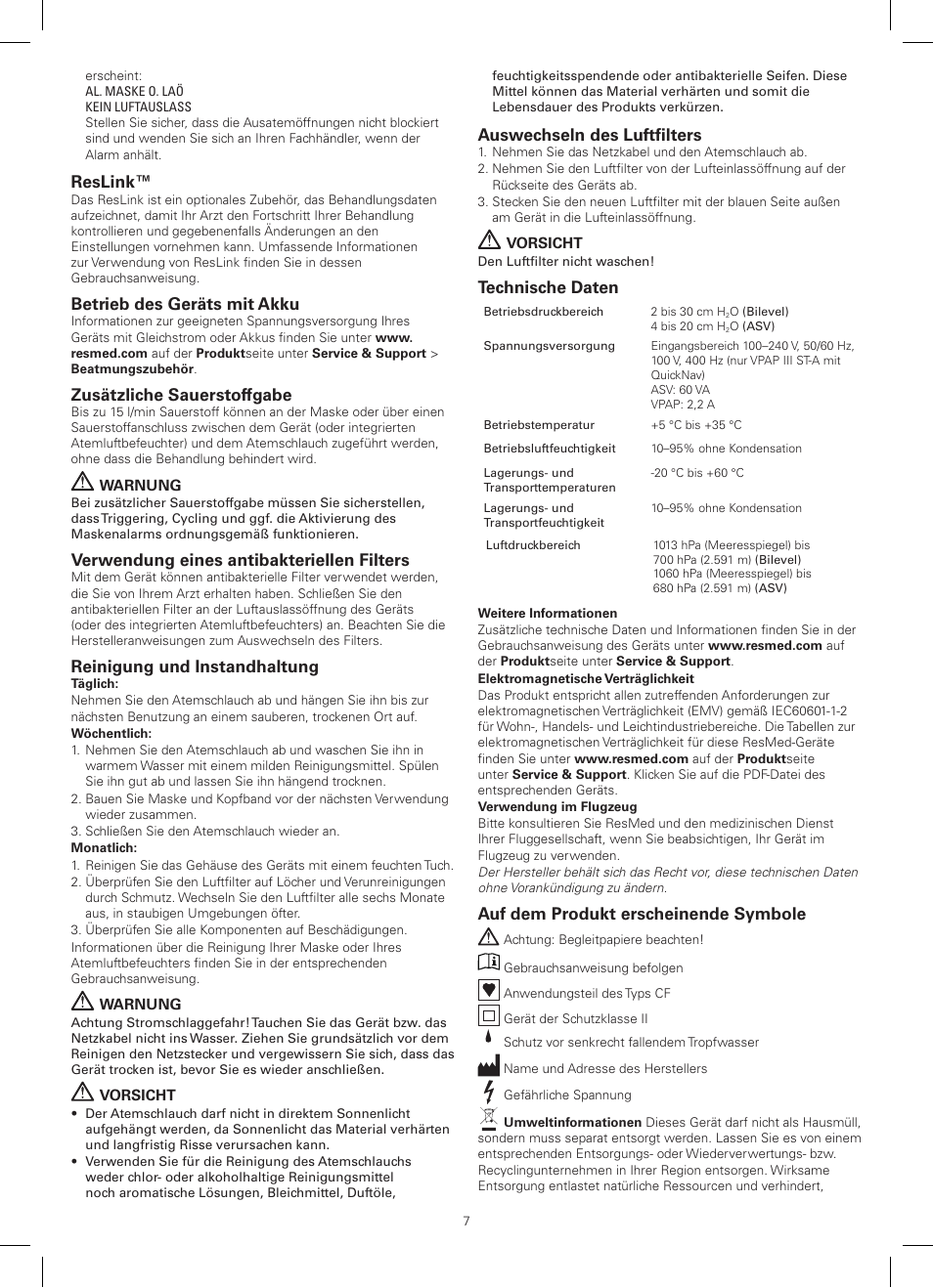 Reslink, Betrieb des geräts mit akku, Zusätzliche sauerstoffgabe | Verwendung eines antibakteriellen filters, Reinigung und instandhaltung, Auswechseln des luftfilters, Technische daten, Auf dem produkt erscheinende symbole | ResMed VPAP III ST-A User Manual | Page 7 / 56