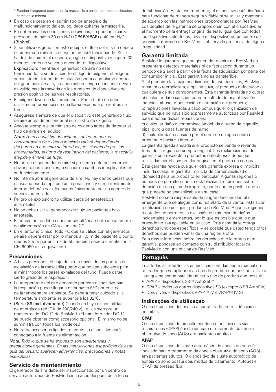 Servicio de mantenimiento, Garantía limitada, Indicações de utilização | Precauciones, Português | ResMed VPAP IV ST User Manual | Page 16 / 43