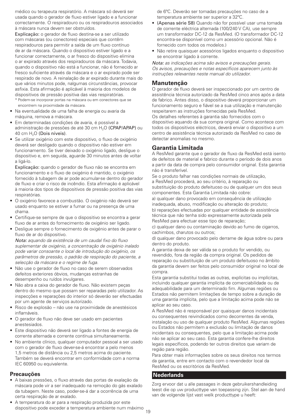 Manutenção, Garantia limitada, Precauções | Nederlands | ResMed VPAP IV ST User Manual | Page 19 / 43