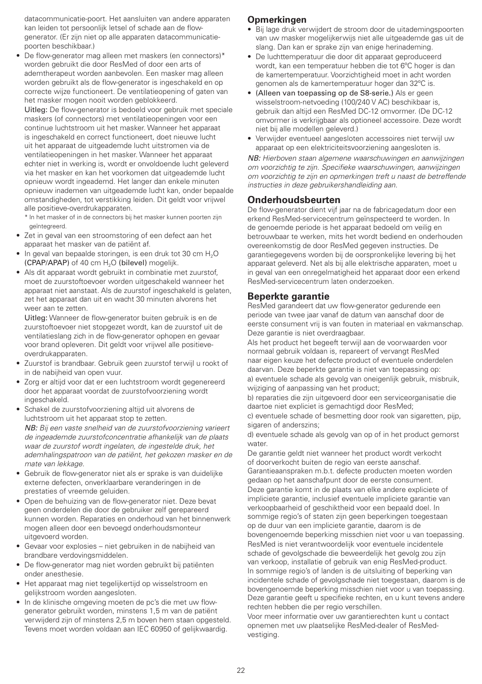 Onderhoudsbeurten, Beperkte garantie, Opmerkingen | ResMed VPAP IV ST User Manual | Page 22 / 43