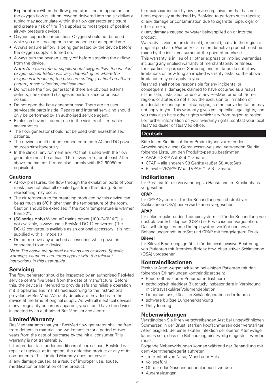 Servicing, Limited warranty, Indikationen | Kontraindikationen, Nebenwirkungen, Cautions, Deutsch | ResMed VPAP IV ST User Manual | Page 4 / 43