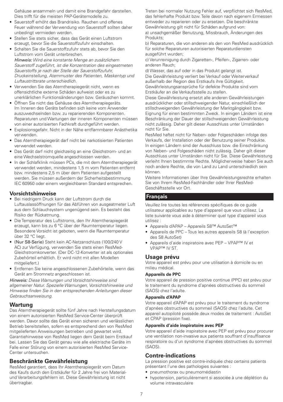 Wartung, Beschränkte gewährleistung, Usage prévu | Contre-indications, Vorsichtshinweise, Français | ResMed VPAP IV ST User Manual | Page 7 / 43