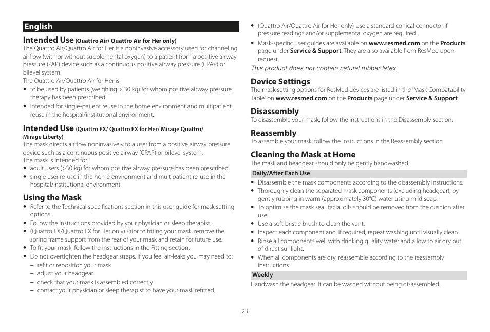 English, English intended use, Intended use | Using the mask, Device settings, Disassembly, Reassembly, Cleaning the mask at home | ResMed Mirage Liberty User Manual | Page 23 / 86