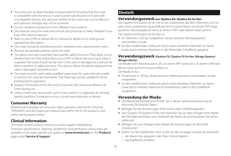Deutsch, Consumer warranty, Clinical information | Deutsch verwendungszweck, Verwendungszweck, Verwendung der maske | ResMed Mirage Liberty User Manual | Page 26 / 86