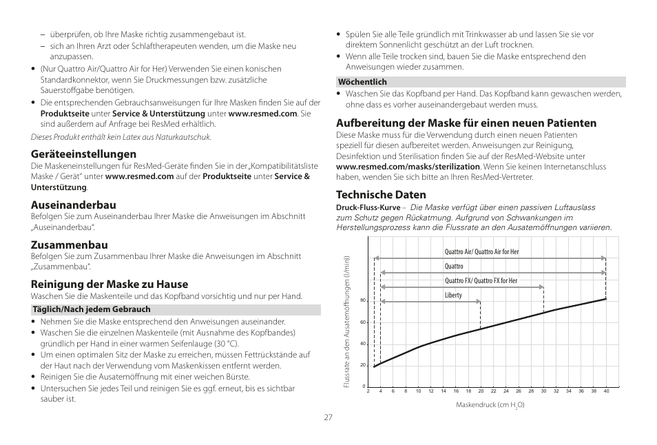 Geräteeinstellungen, Auseinanderbau, Zusammenbau | Reinigung der maske zu hause, Aufbereitung der maske für einen neuen patienten, Technische daten | ResMed Mirage Liberty User Manual | Page 27 / 86