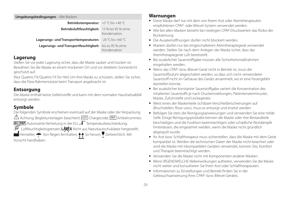 Lagerung, Entsorgung, Symbole | Warnungen | ResMed Mirage Liberty User Manual | Page 29 / 86