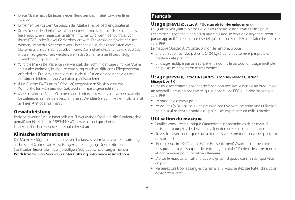 Français, Gewährleistung, Klinische informationen | Français usage prévu, Usage prevu, Utilisation du masque | ResMed Mirage Liberty User Manual | Page 30 / 86