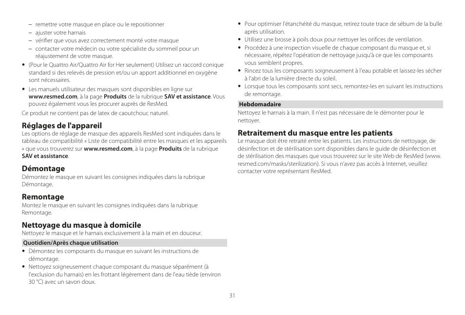 Réglages de l'appareil, Démontage, Remontage | Nettoyage du masque à domicile, Retraitement du masque entre les patients | ResMed Mirage Liberty User Manual | Page 31 / 86