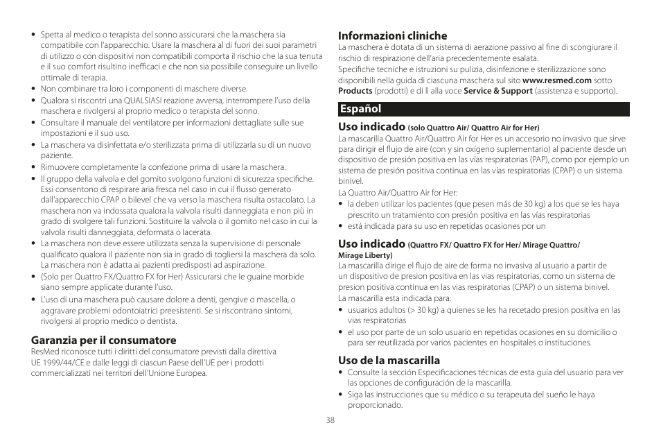 Español, Garanzia per il consumatore, Informazioni cliniche | Español uso indicado, Uso indicado, Uso de la mascarilla | ResMed Mirage Liberty User Manual | Page 38 / 86