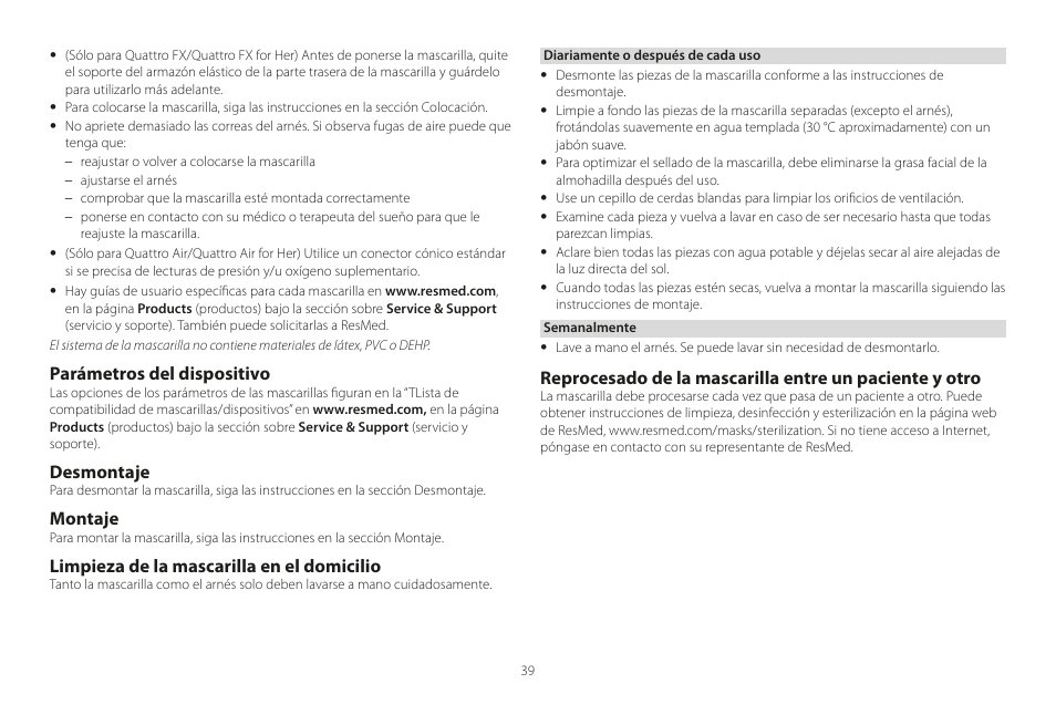 Parámetros del dispositivo, Desmontaje, Montaje | Limpieza de la mascarilla en el domicilio | ResMed Mirage Liberty User Manual | Page 39 / 86