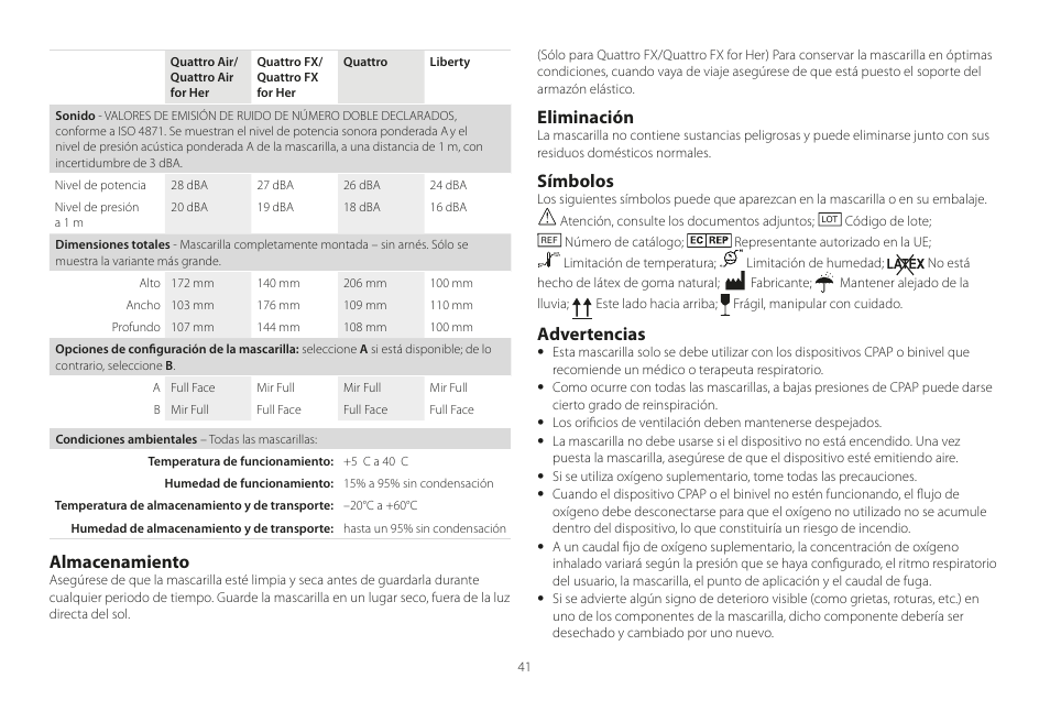 Almacenamiento, Eliminación, Símbolos | Advertencias | ResMed Mirage Liberty User Manual | Page 41 / 86