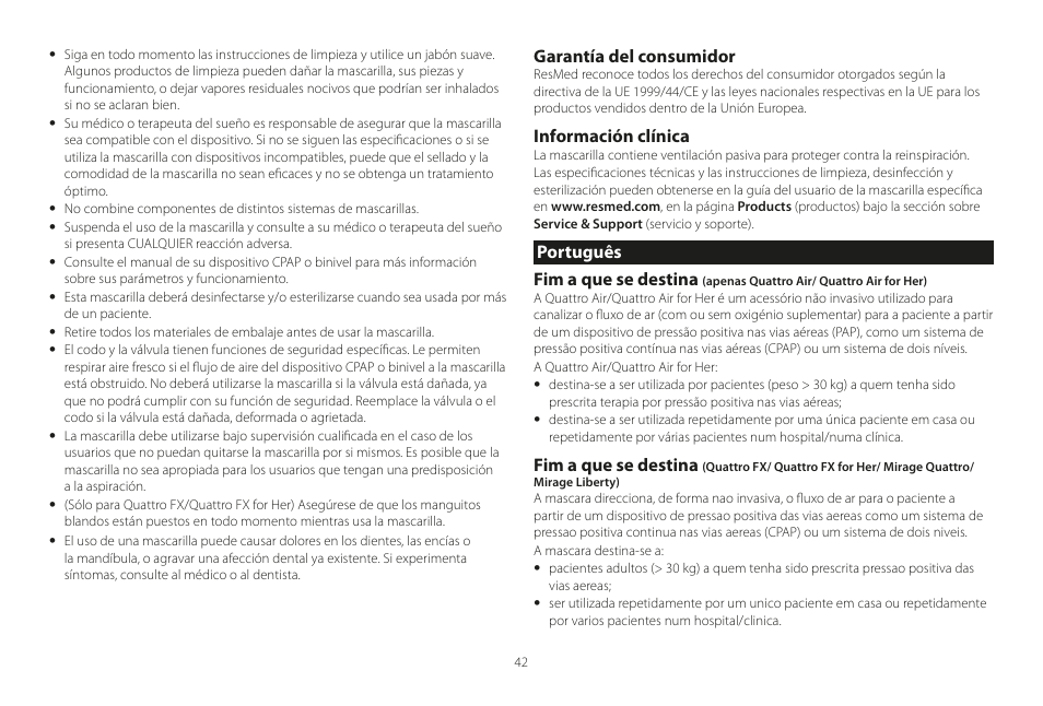 Português, Garantía del consumidor, Información clínica | Português fim a que se destina, Fim a que se destina | ResMed Mirage Liberty User Manual | Page 42 / 86