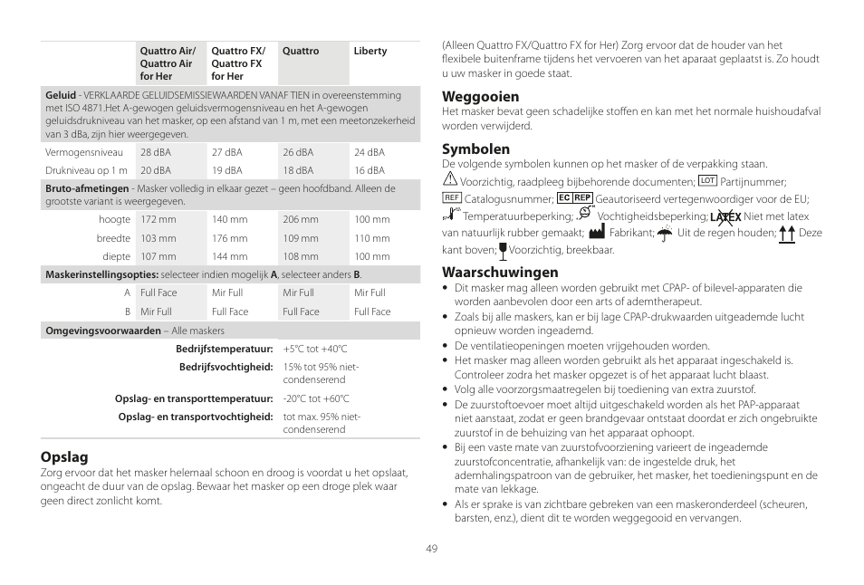 Opslag, Weggooien, Symbolen | Waarschuwingen | ResMed Mirage Liberty User Manual | Page 49 / 86