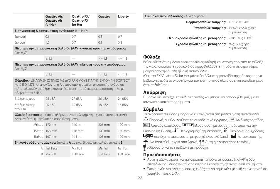 Φύλαξη, Απόρριψη, Σύμβολα | Προειδοποιήσεις | ResMed Mirage Liberty User Manual | Page 53 / 86