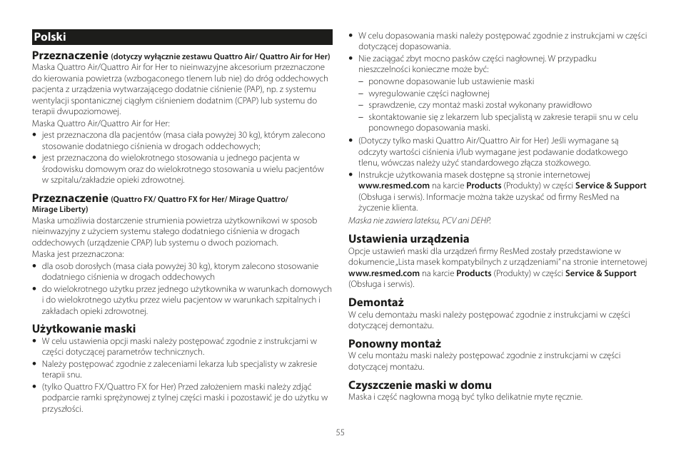 Polski, Polski przeznaczenie, Przeznaczenie | Użytkowanie maski, Ustawienia urządzenia, Demontaż, Ponowny montaż, Czyszczenie maski w domu | ResMed Mirage Liberty User Manual | Page 55 / 86