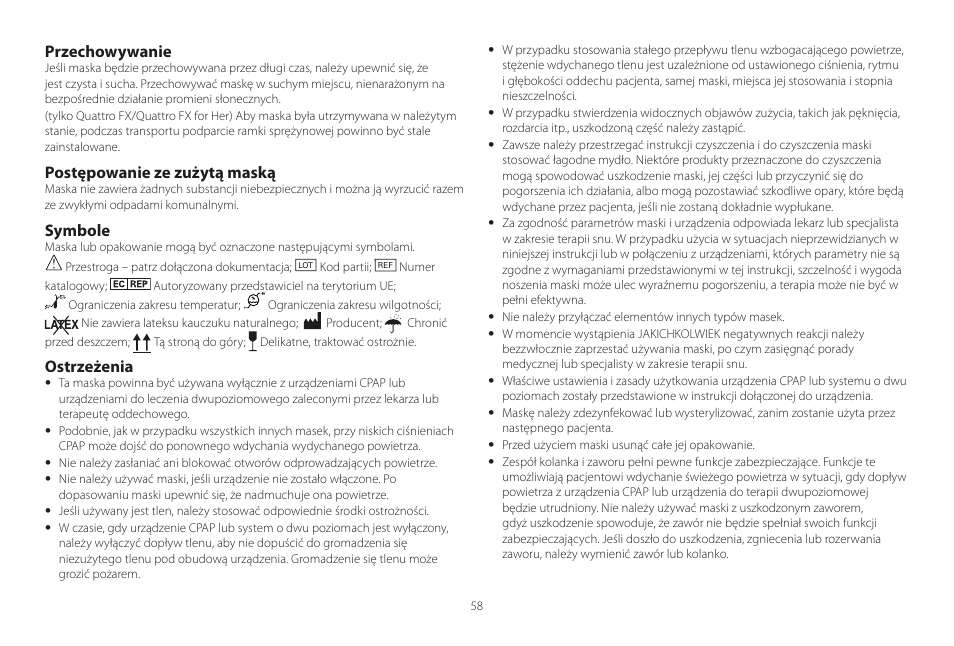 Przechowywanie, Postępowanie ze zużytą maską, Symbole | Ostrzeżenia | ResMed Mirage Liberty User Manual | Page 58 / 86
