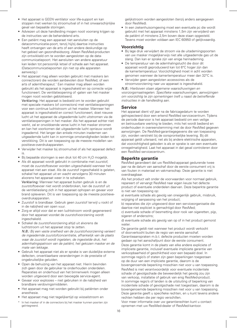 Service, Beperkte garantie | ResMed AutoSet CS 2 User Manual | Page 16 / 56