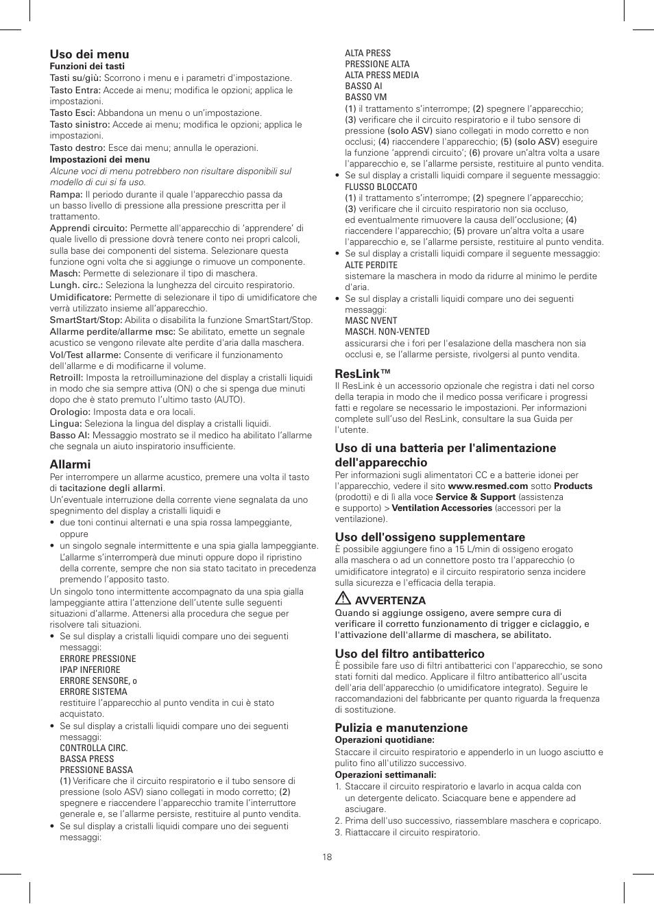 Uso dei menu, Allarmi, Reslink | Uso dell'ossigeno supplementare, Uso del filtro antibatterico, Pulizia e manutenzione | ResMed AutoSet CS 2 User Manual | Page 18 / 56