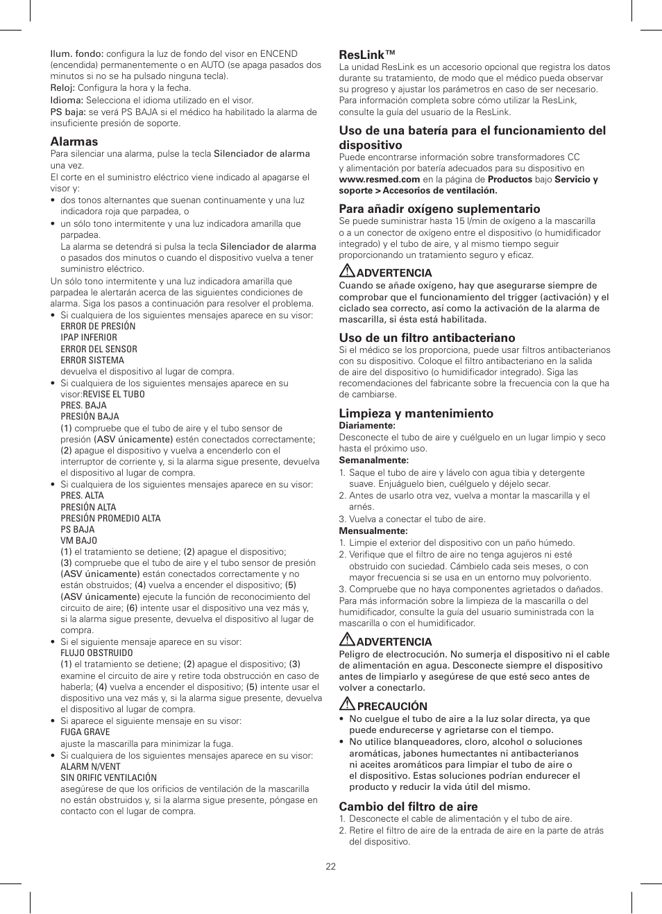 Alarmas, Reslink, Para añadir oxígeno suplementario | Uso de un filtro antibacteriano, Limpieza y mantenimiento, Cambio del filtro de aire | ResMed AutoSet CS 2 User Manual | Page 22 / 56