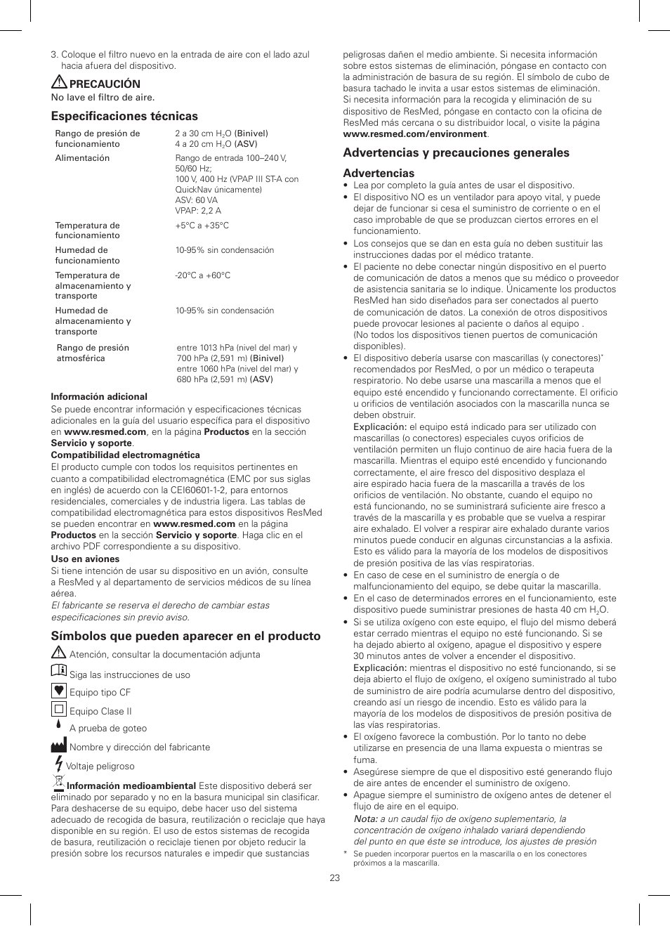 Especificaciones técnicas, Símbolos que pueden aparecer en el producto, Advertencias y precauciones generales | ResMed AutoSet CS 2 User Manual | Page 23 / 56