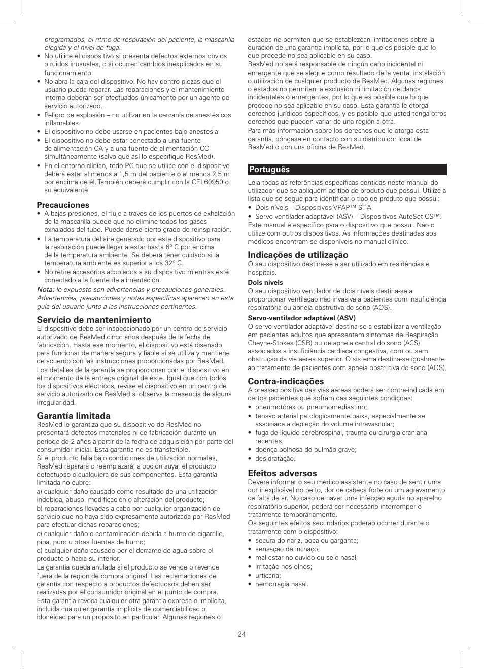 Servicio de mantenimiento, Garantía limitada, Indicações de utilização | Contra-indicações, Efeitos adversos | ResMed AutoSet CS 2 User Manual | Page 24 / 56