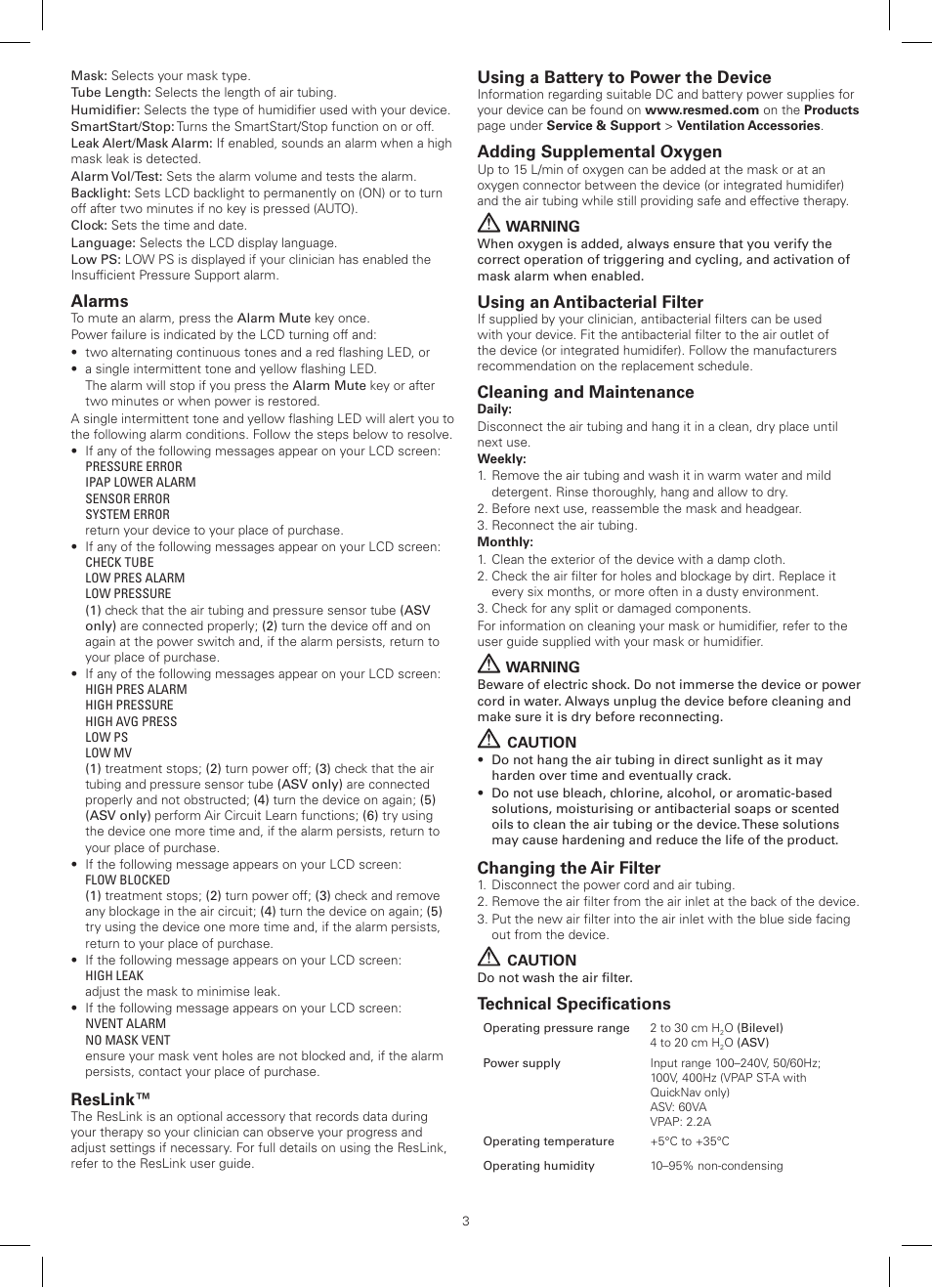 Alarms, Reslink, Using a battery to power the device | Adding supplemental oxygen, Using an antibacterial filter, Cleaning and maintenance, Changing the air filter, Technical specifications | ResMed AutoSet CS 2 User Manual | Page 3 / 56