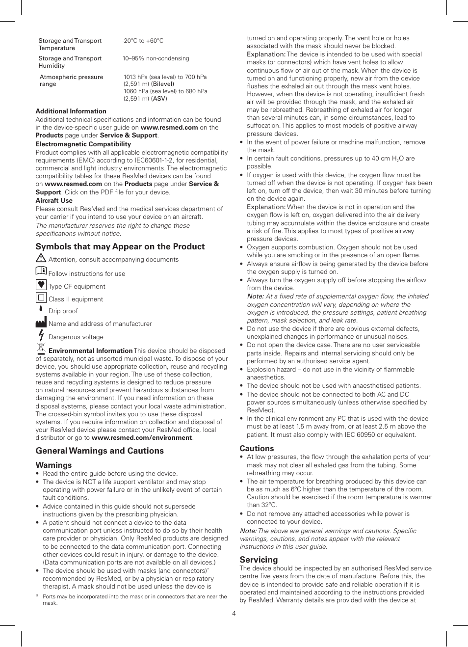 Symbols that may appear on the product, General warnings and cautions, Servicing | ResMed AutoSet CS 2 User Manual | Page 4 / 56