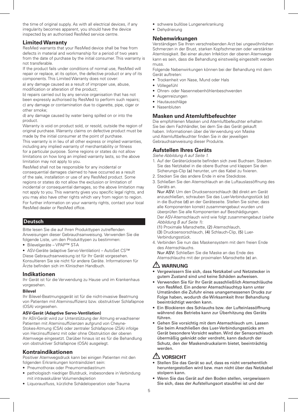 Limited warranty, Indikationen, Kontraindikationen | Nebenwirkungen, Masken und atemluftbefeuchter, Aufstellen ihres geräts | ResMed AutoSet CS 2 User Manual | Page 5 / 56