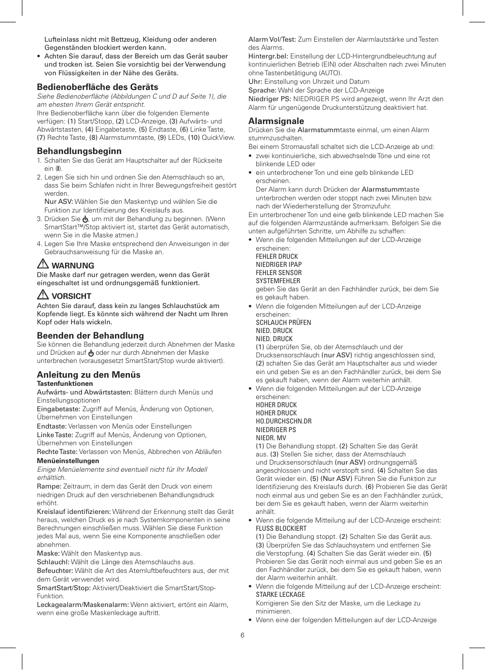 Bedienoberfläche des geräts, Behandlungsbeginn, Beenden der behandlung | Anleitung zu den menüs, Alarmsignale | ResMed AutoSet CS 2 User Manual | Page 6 / 56