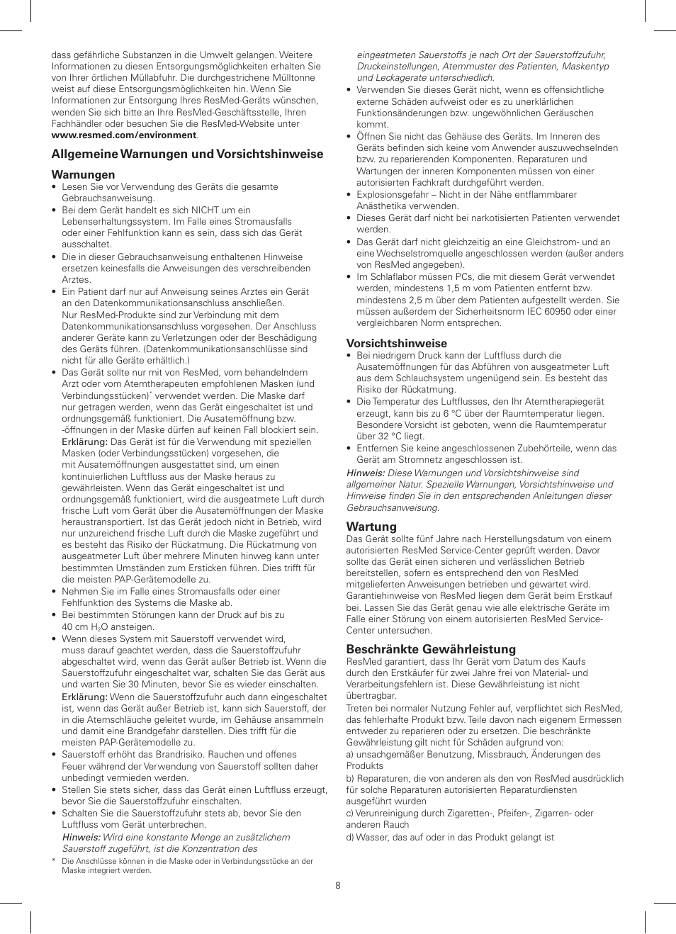 Allgemeine warnungen und vorsichtshinweise, Wartung, Beschränkte gewährleistung | ResMed AutoSet CS 2 User Manual | Page 8 / 56