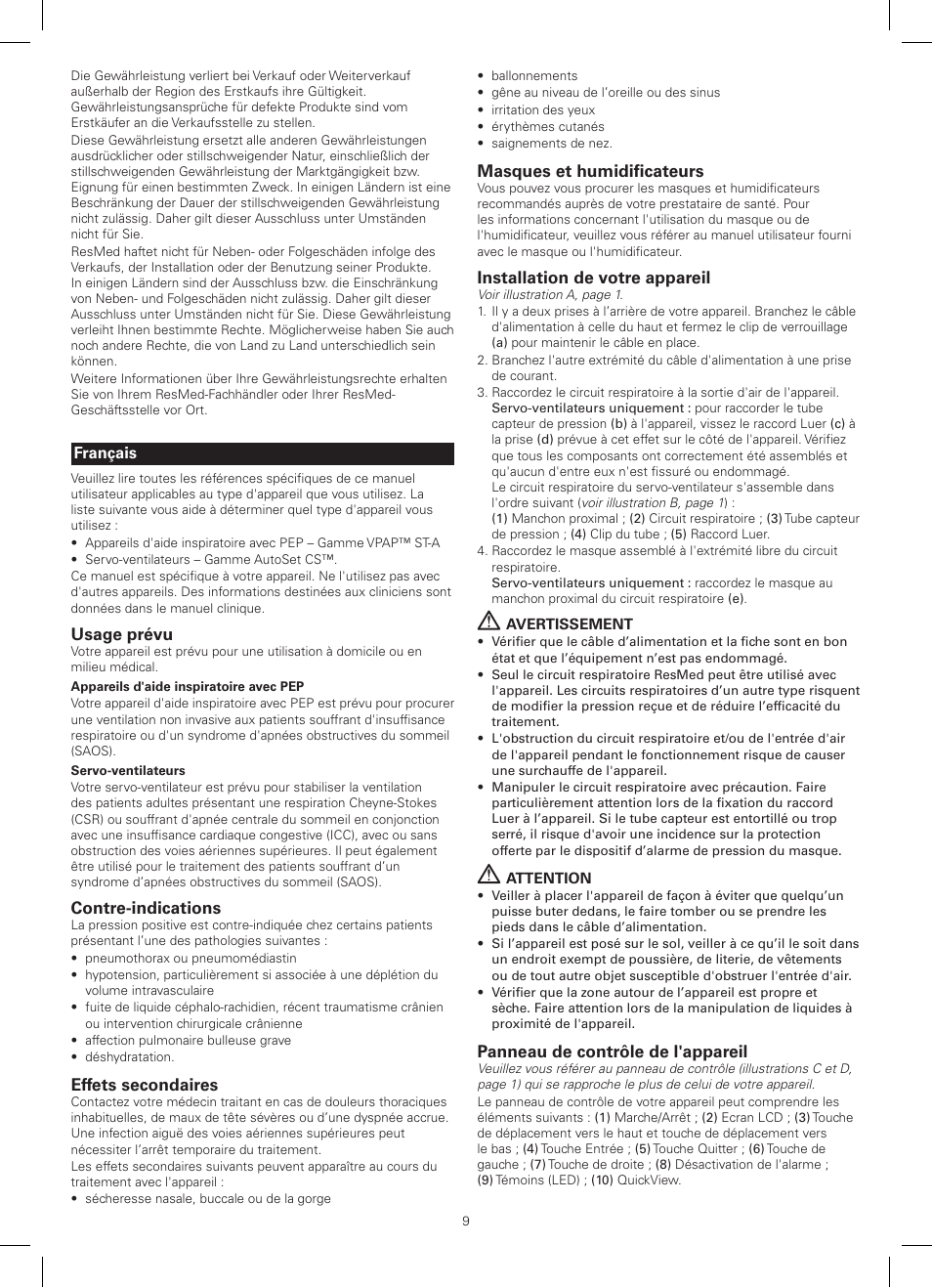 Usage prévu, Contre-indications, Effets secondaires | Masques et humidificateurs, Installation de votre appareil, Panneau de contrôle de l'appareil | ResMed AutoSet CS 2 User Manual | Page 9 / 56