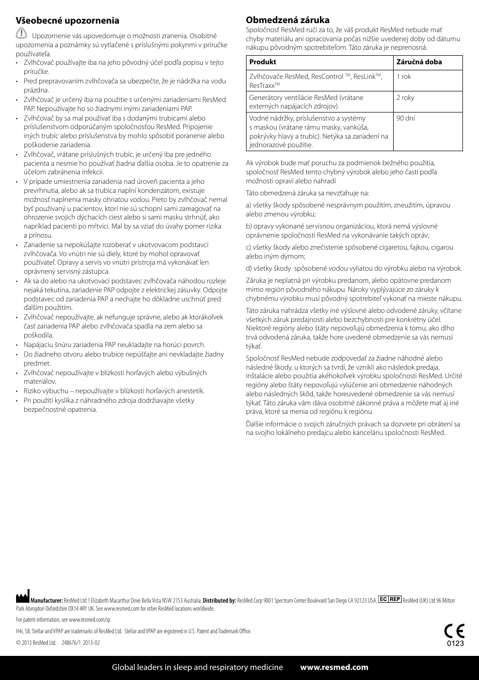 Všeobecné upozornenia, Obmedzená záruka | ResMed H4i User Manual | Page 24 / 24