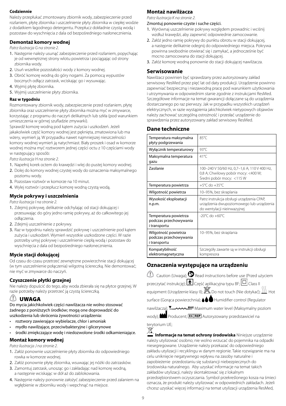 Uwaga, Serwisowanie, Dane techniczne | Oznaczenia występujące na urządzeniu, Montaż nawilżacza | ResMed H4i User Manual | Page 9 / 24