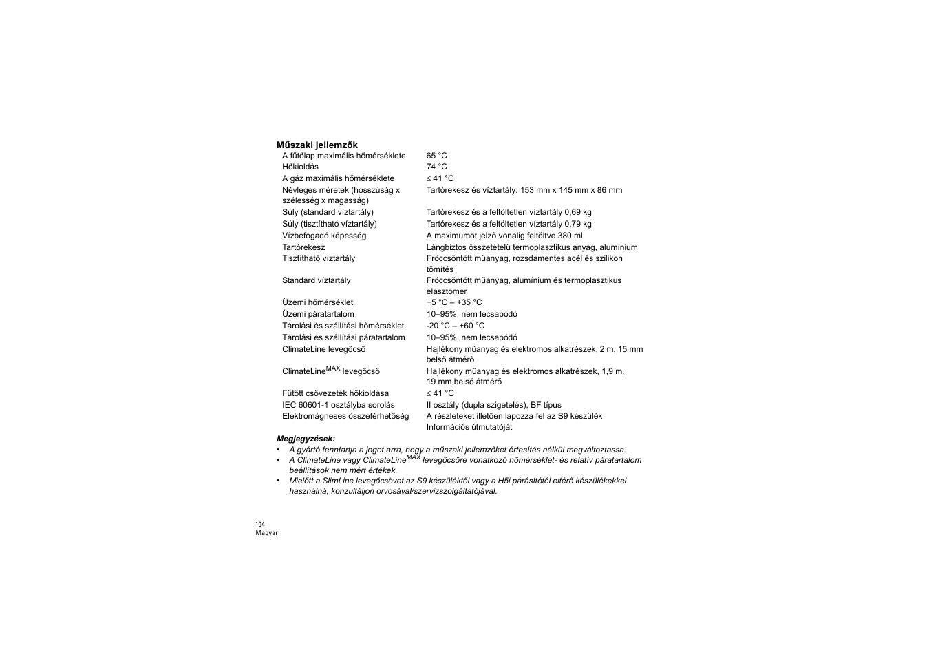 Műszaki jellemzők | ResMed S9 H5i User Manual | Page 108 / 156