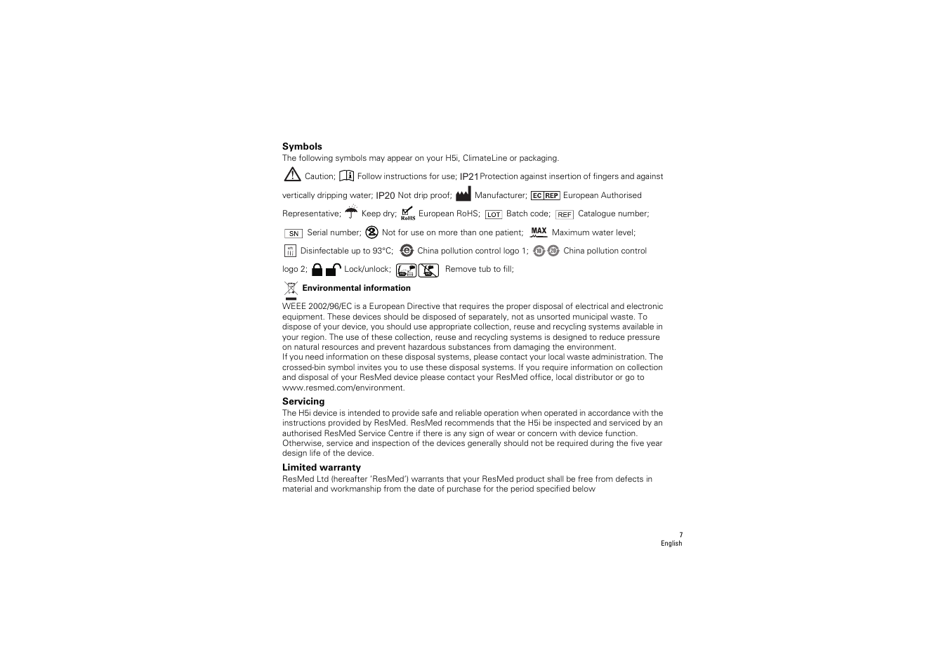 Symbols, Servicing, Limited warranty | ResMed S9 H5i User Manual | Page 11 / 156