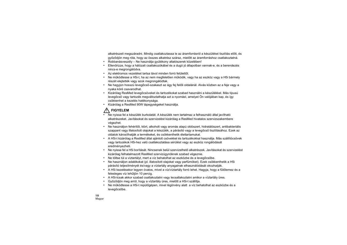 Figyelem | ResMed S9 H5i User Manual | Page 112 / 156