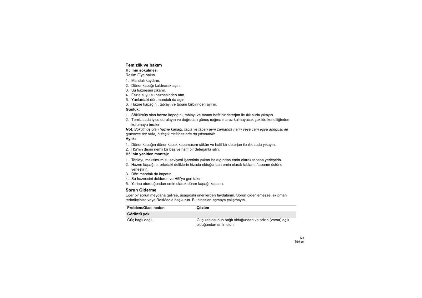 Temizlik ve bakım, Sorun giderme | ResMed S9 H5i User Manual | Page 127 / 156