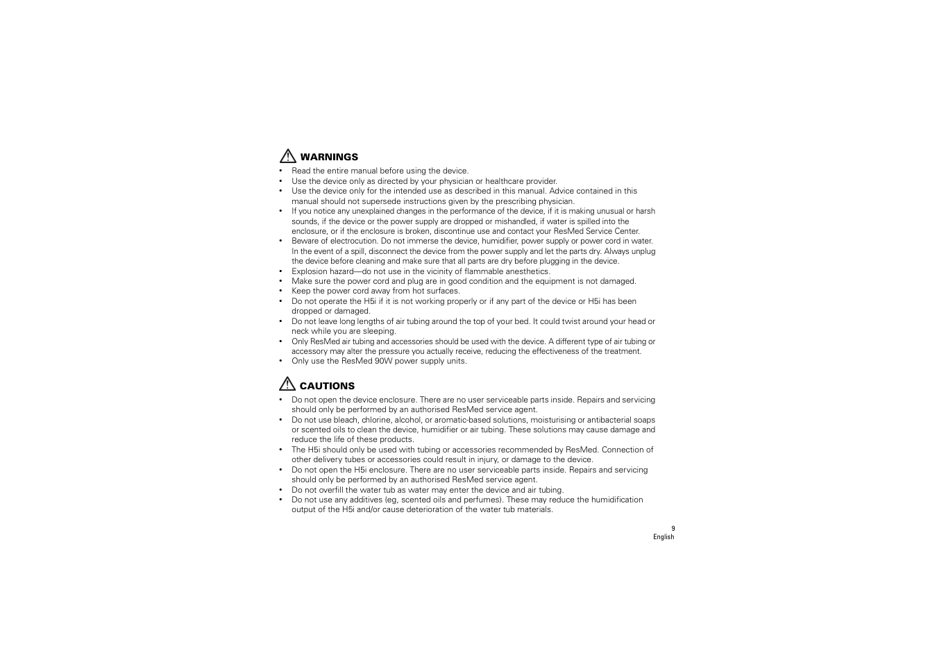 Warnings, Cautions | ResMed S9 H5i User Manual | Page 13 / 156