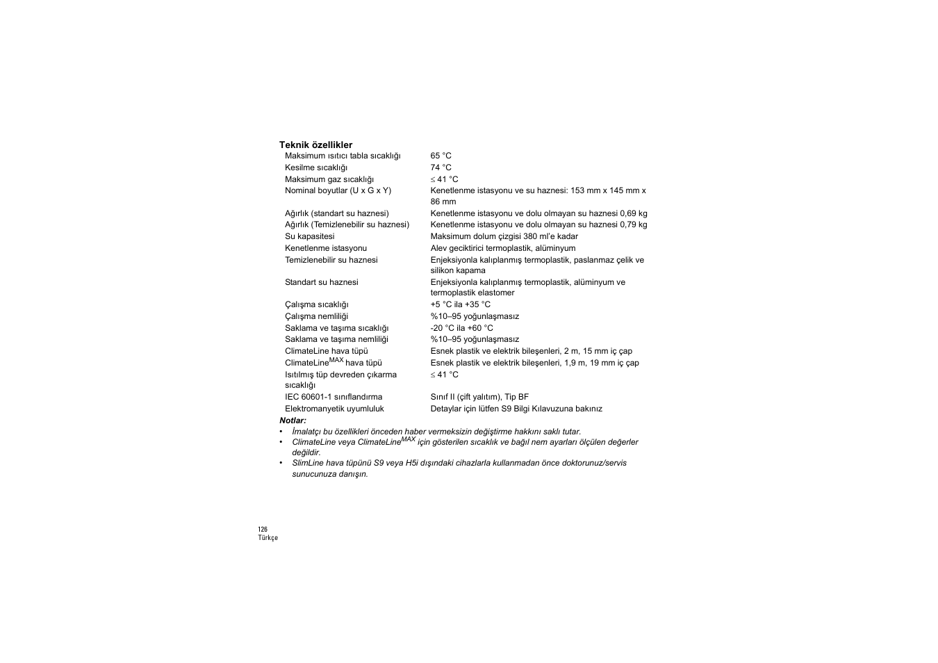 Teknik özellikler | ResMed S9 H5i User Manual | Page 130 / 156