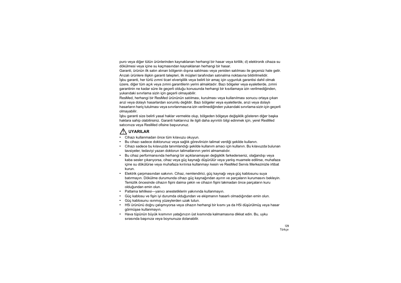 Uyarilar | ResMed S9 H5i User Manual | Page 133 / 156