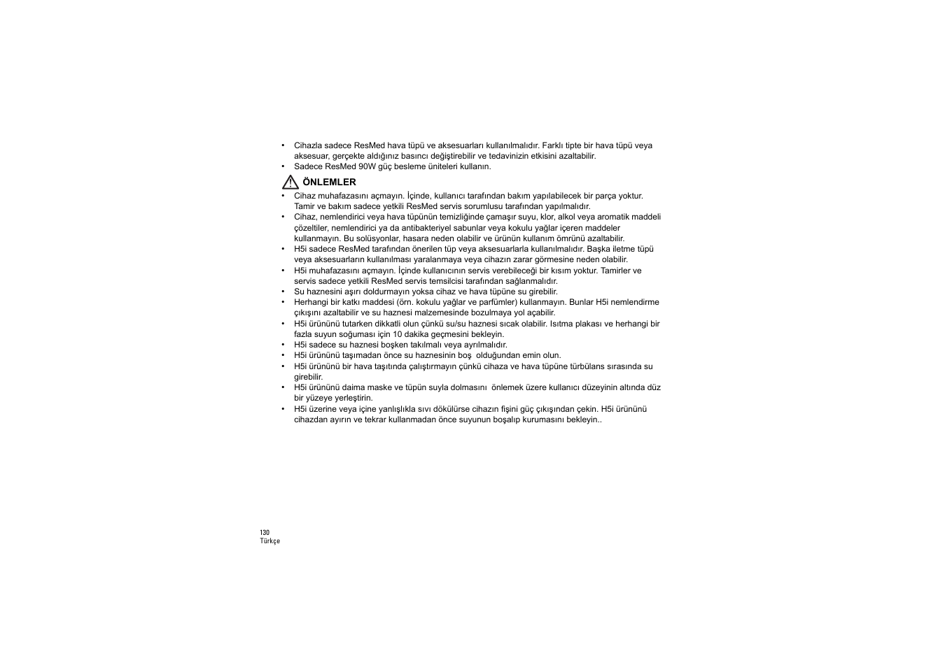 Önlemler | ResMed S9 H5i User Manual | Page 134 / 156