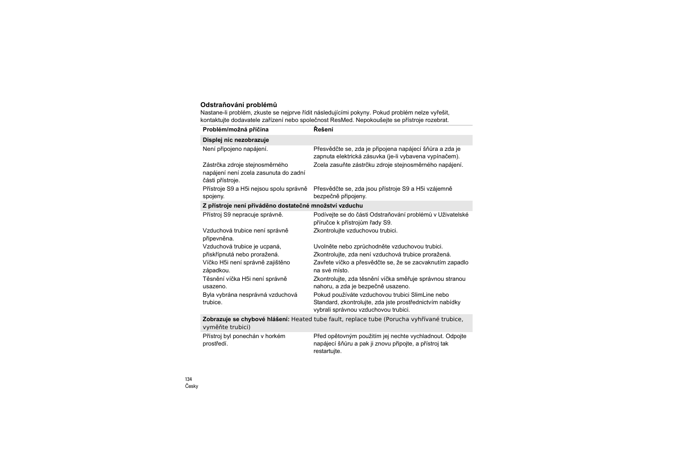 Odstraňování problémů | ResMed S9 H5i User Manual | Page 138 / 156