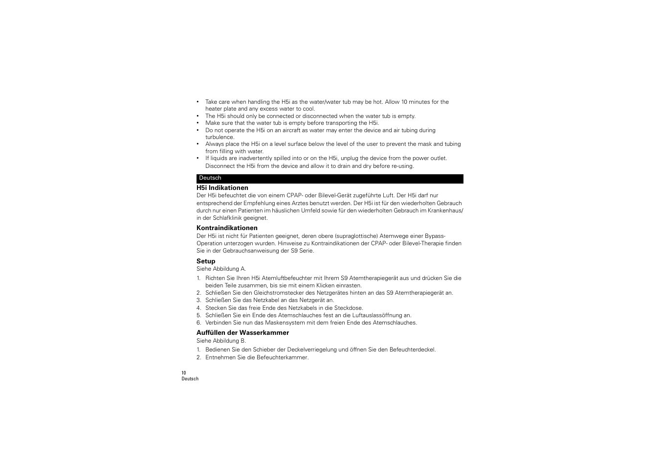 Deutsch, H5i indikationen, Kontraindikationen | Setup, Auffüllen der wasserkammer | ResMed S9 H5i User Manual | Page 14 / 156